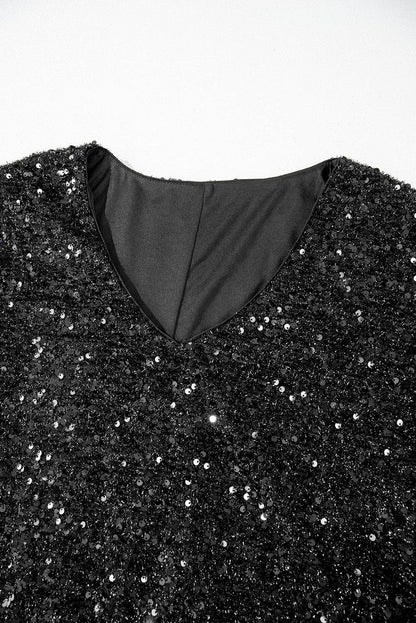 Color black Plus Size Bubble Sleeve V Neck Sequin Dress - IntuitiveEncBoutique