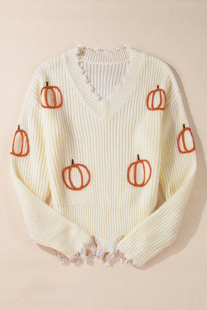 Raw Hem Pumpkin V-Neck Long Sleeve Sweater - IntuitiveEncBoutique
