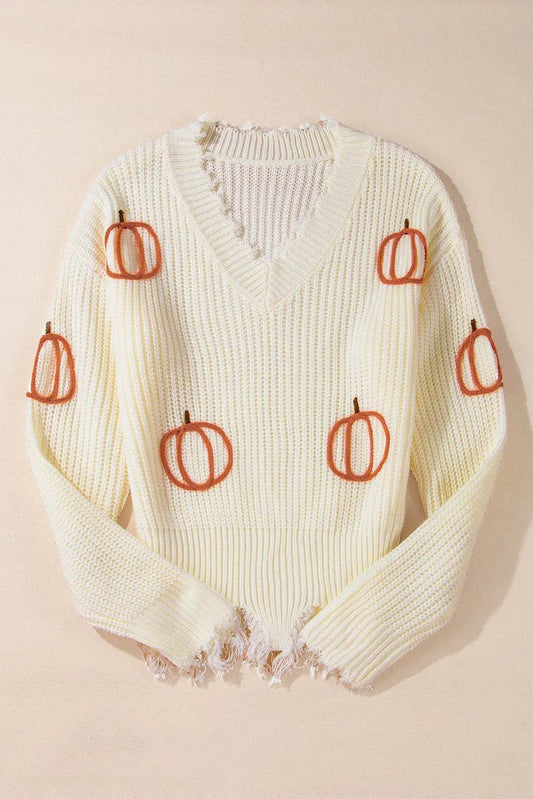Raw Hem Pumpkin V-Neck Long Sleeve Sweater - IntuitiveEncBoutique