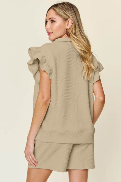 Double Take Full Size Texture Flounce Sleeve Top and Drawstring Shorts Set - IntuitiveEncBoutique