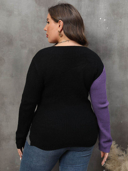 Plus Size Two-Tone Surplice Neck Sweater - IntuitiveEncBoutique