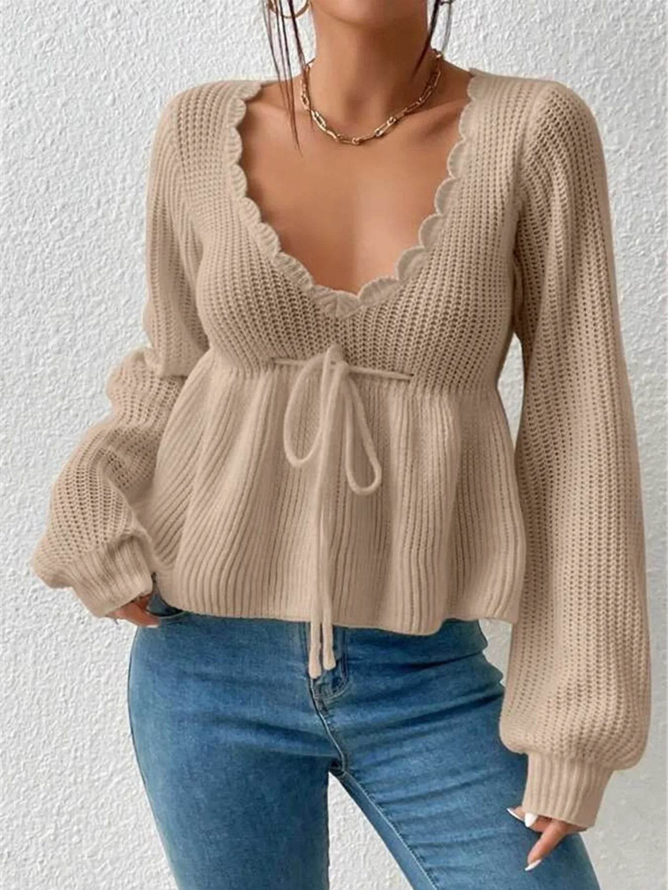 Scalloped V-Neck Drawstring Knit Top - IntuitiveEncBoutique