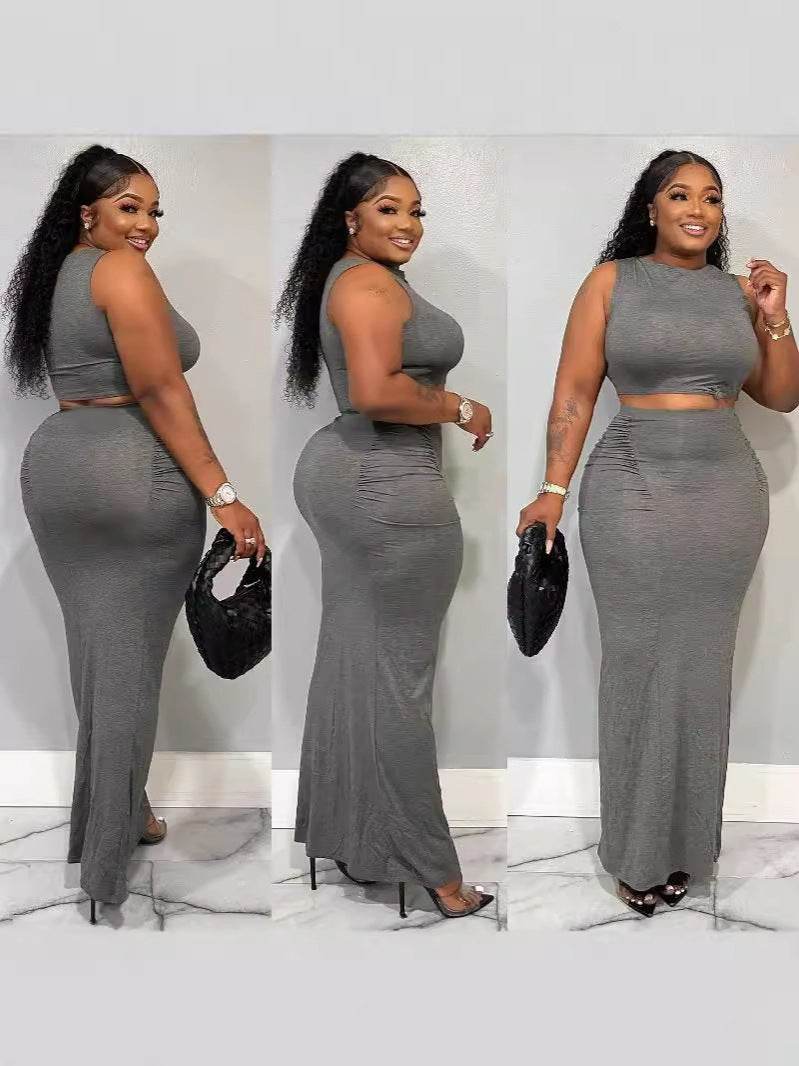 Sexy Bodycon Skirt + Sleeveless Long Top Two-Piece Set Women's Summer Simple Solid Color - IntuitiveEncBoutique