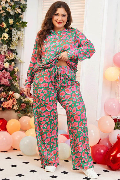 Plus Size Printed Round Neck Long Sleeve Top and Pants Set - IntuitiveEncBoutique
