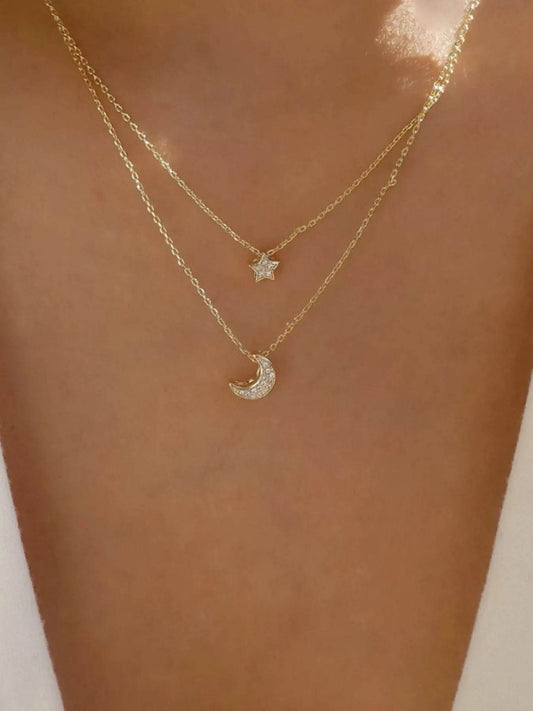 Double Layered Star and Moon Pendant Necklace - IntuitiveEncBoutique