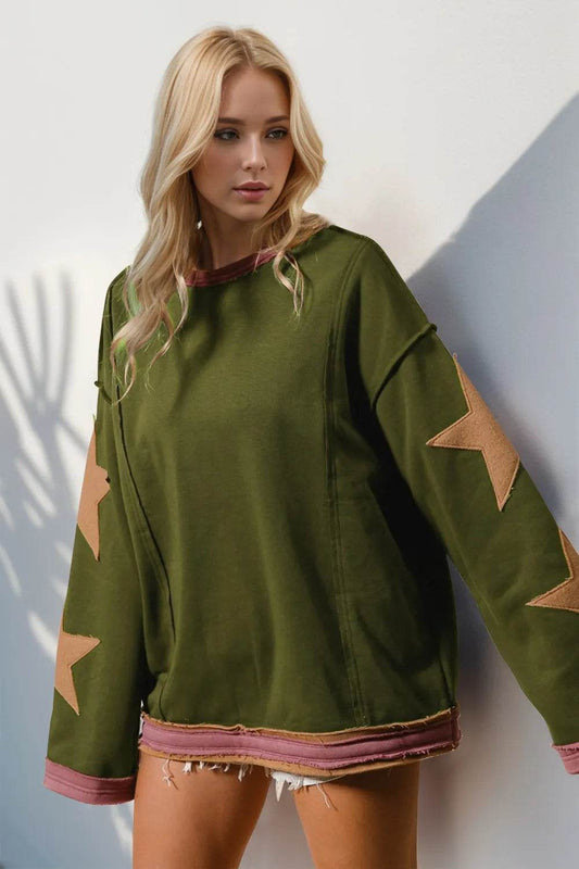 Double Take Star Patched Long Sleeve Sweatshirt - IntuitiveEncBoutique