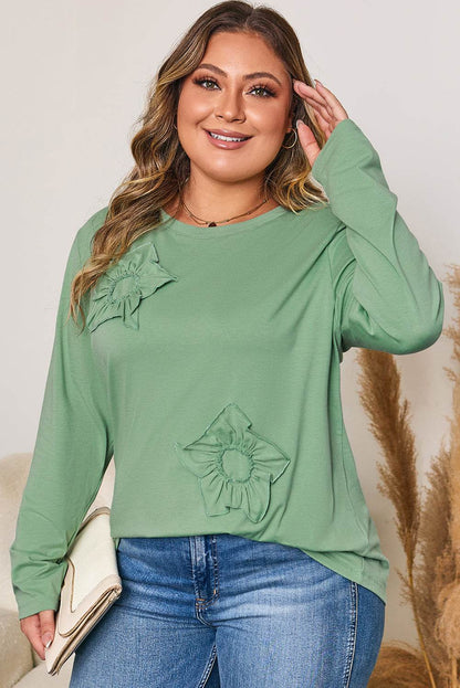 Grass Green Flower Applique Mineral Wash Plus Size Top - IntuitiveEncBoutique