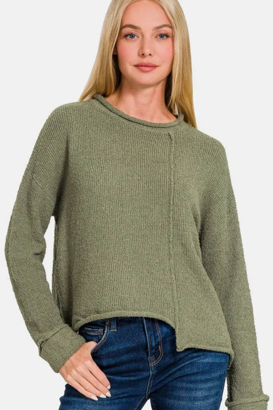 Zenana Asymmetric Hem Drop Shoulder Sweater - IntuitiveEncBoutique