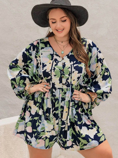 Plus Size Tied Printed Long Sleeve Romper - IntuitiveEncBoutique