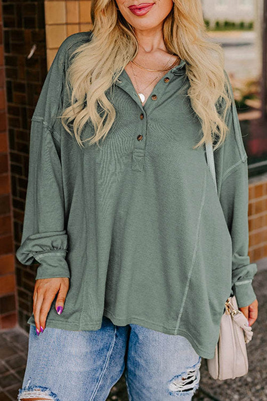 Seagrass Plus Size Exposed Seam Drop Shoulder Henley Top - IntuitiveEncBoutique