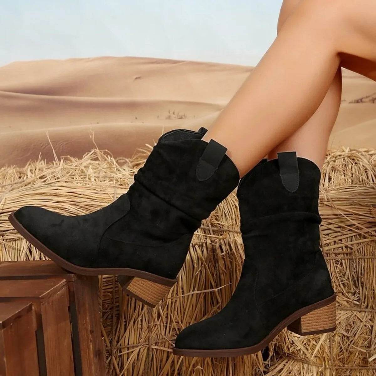 Suede Western Block Heel Ankle Boots - IntuitiveEncBoutique
