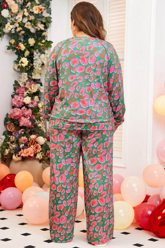 Green Plus Size Printed Long Sleeve and Pants Lounge Set - IntuitiveEncBoutique