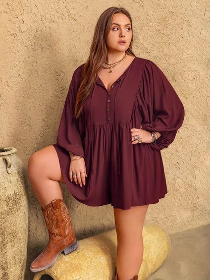 Plus Size Tie Neck Balloon Sleeve Romper - IntuitiveEncBoutique