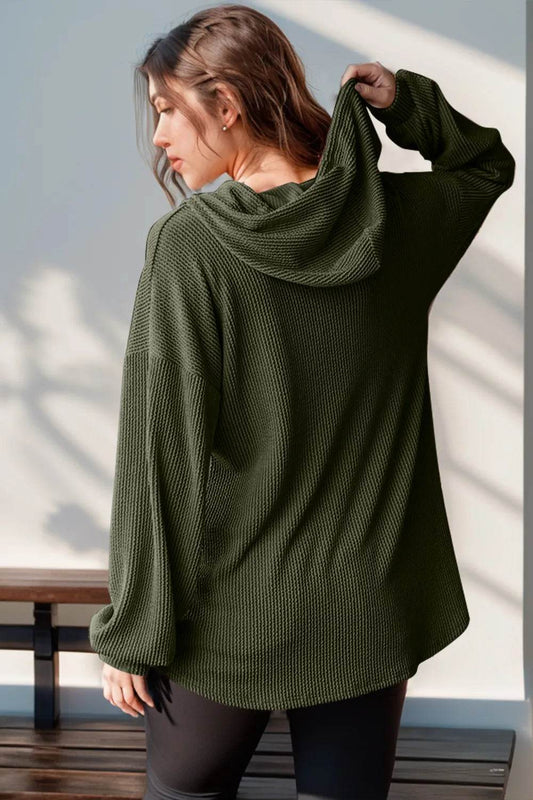 Double Take Full Size Half Button Long Sleeve Hoodie - IntuitiveEncBoutique