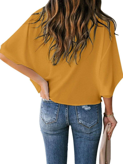 Full Size Ruched Three-Quarter Sleeve Blouse Plus Size - IntuitiveEncBoutique
