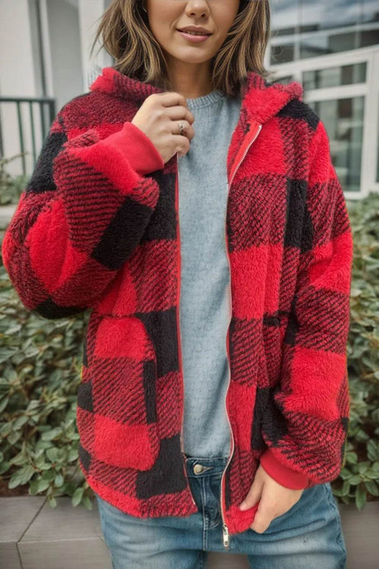Double Take Full Size Plaid Long Sleeve Hooded Coat - IntuitiveEncBoutique
