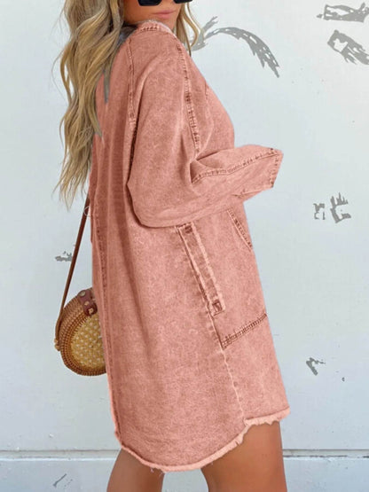Full Size Button-Front Long Sleeve Denim Shirt Dress Plus Size - IntuitiveEncBoutique