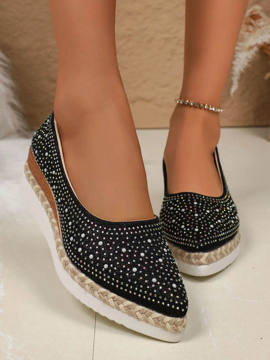 Rhinestone Point Toe Wedge Slip-Ons - IntuitiveEncBoutique