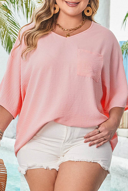 Pink Textured Half Sleeve V Neck Plus Size T Shirt with Chest Pocket - IntuitiveEncBoutique