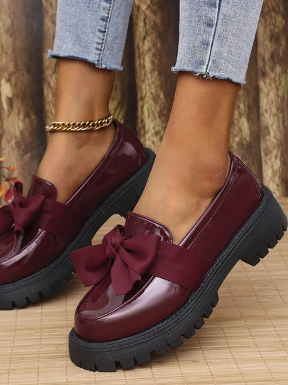 Bow PU Leather Round Toe Loafers - IntuitiveEncBoutique