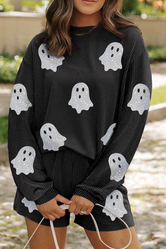 Glitter Ghost Round Neck Long Sleeve Top and Shorts Set - IntuitiveEncBoutique