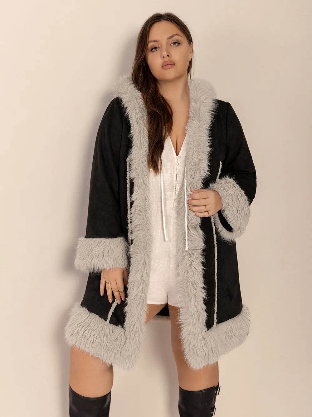 Plus Size Fuzzy Trim Open Front Long Sleeve Hooded Coat - IntuitiveEncBoutique