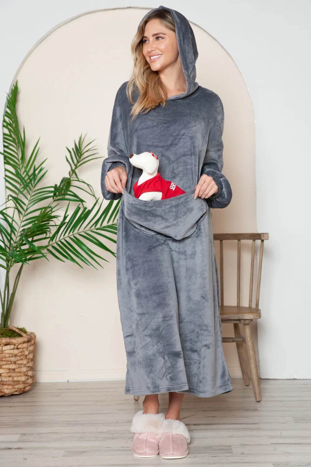 Double Take Full Size Pocketed Hooded Midi Lounge Dress - IntuitiveEncBoutique