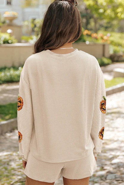 Sequin Pumpkin Round Neck Top and Shorts Set - IntuitiveEncBoutique