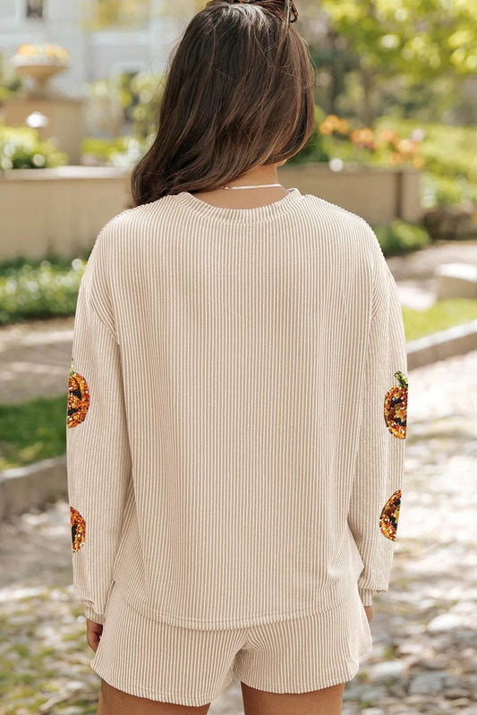 Sequin Pumpkin Round Neck Top and Shorts Set - IntuitiveEncBoutique