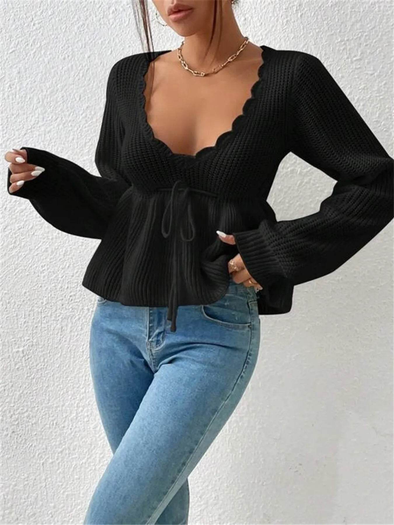 Scalloped V-Neck Drawstring Knit Top - IntuitiveEncBoutique