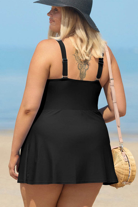 Black Solid Color Square Neck Knotted Plus Size One Piece Swimsuit - IntuitiveEncBoutique