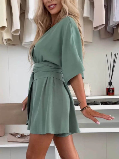 Full Size Surplice Tie Waist Romper Plus Size - IntuitiveEncBoutique