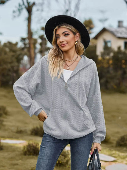 Zip Up Drawstring Long Sleeve Hooded Jacket - IntuitiveEncBoutique