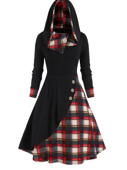 Plus Size Plaid Buttoned Long Sleeve Hooded Dress - IntuitiveEncBoutique