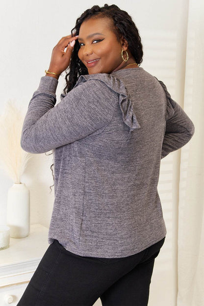 Double Take Square Neck Ruffle Shoulder Long Sleeve T-Shirt - IntuitiveEncBoutique