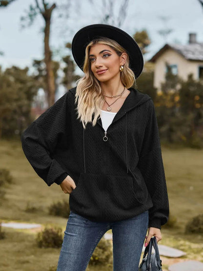 Zip Up Drawstring Long Sleeve Hooded Jacket - IntuitiveEncBoutique