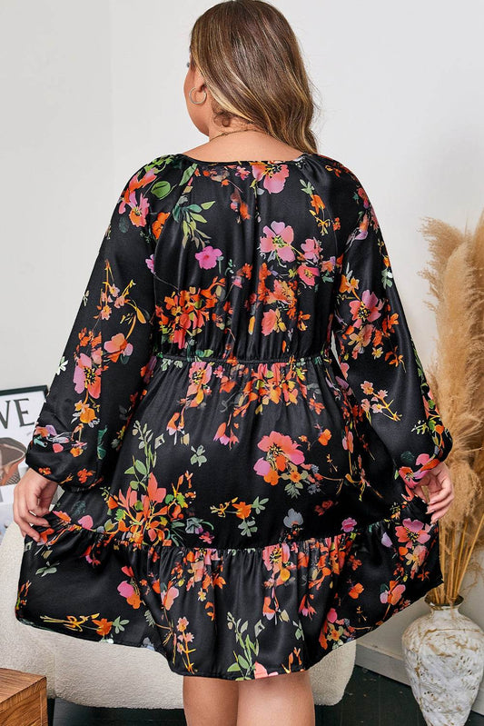 Black Plus Size Floral Print Tie Neck Cinched Waist Long Sleeve Mini Dress - IntuitiveEncBoutique