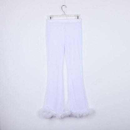 Mesh High Waist Pants and Long Sleeve Crop Top Sets Party Clubwear Sexy Faux Fur Outfit Two Piece Sets - IntuitiveEncBoutique