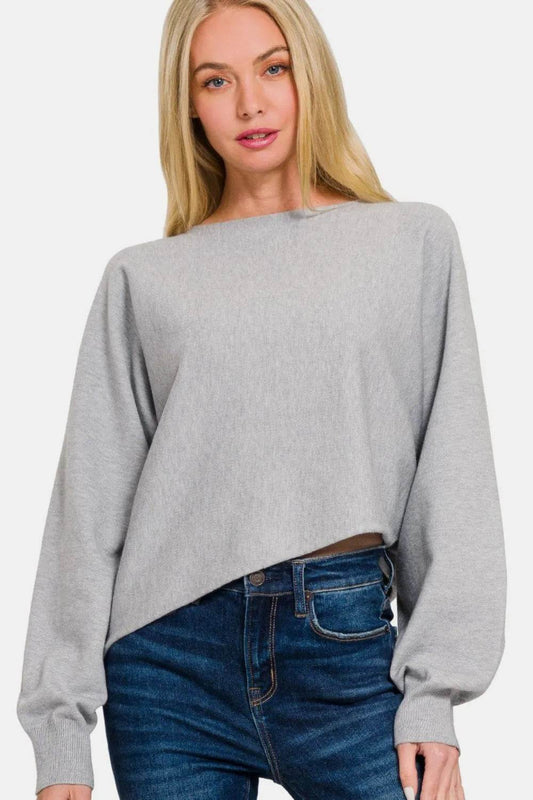 Zenana Asymmetric Hem Long Sleeve Sweater - IntuitiveEncBoutique