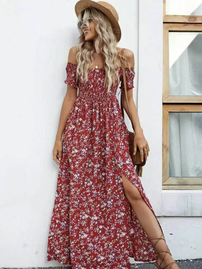 Full Size Slit Off-Shoulder Floral Midi Dress Plus Size - IntuitiveEncBoutique