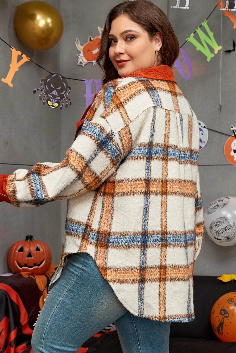 Plus Size Plaid Button Down Jacket - IntuitiveEncBoutique