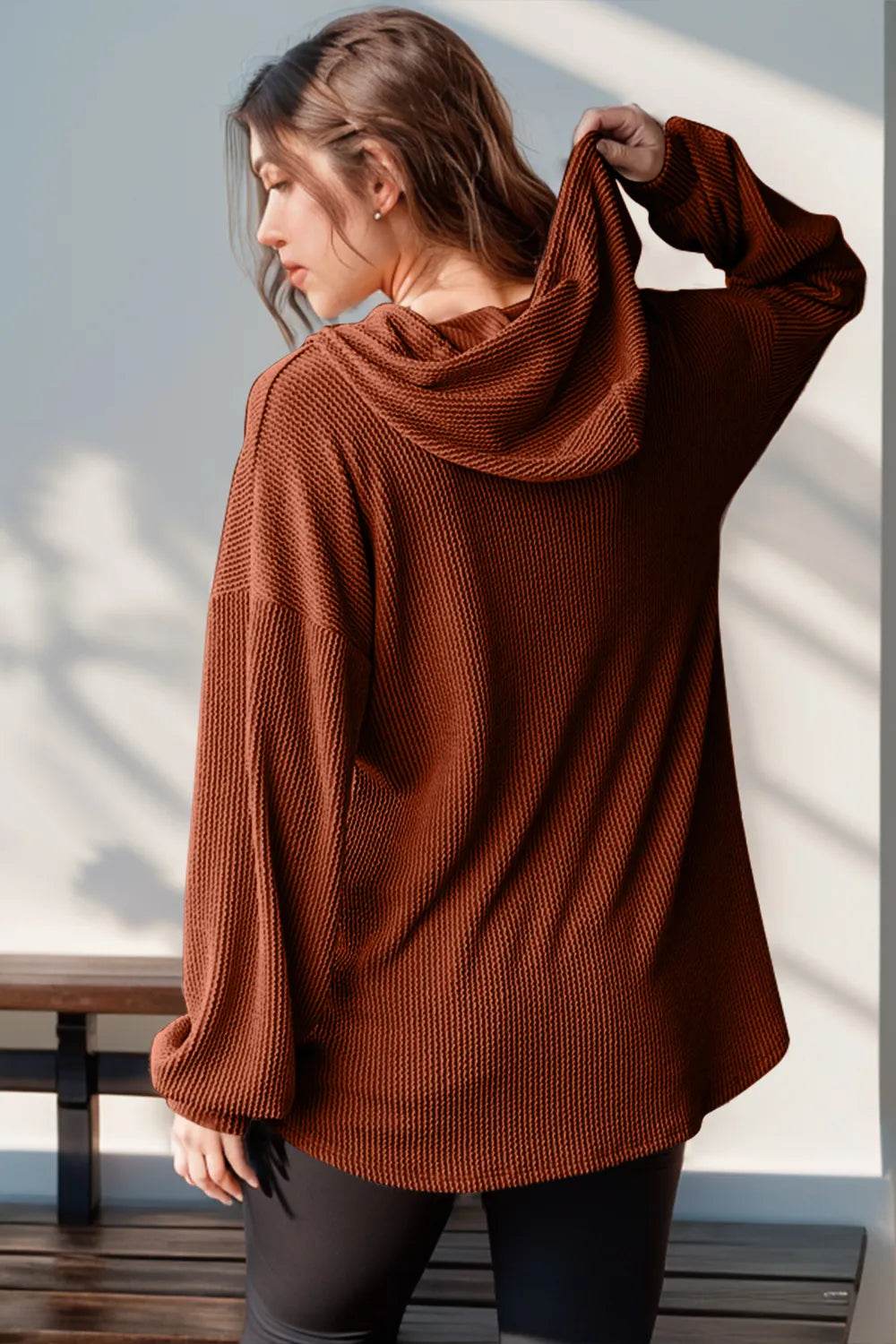Double Take Full Size Half Button Long Sleeve Hoodie - IntuitiveEncBoutique