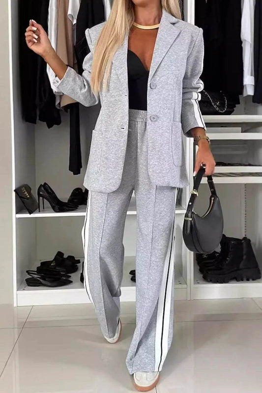 Full Size Contrast Lapel Collar Top and Pants Set - IntuitiveEncBoutique