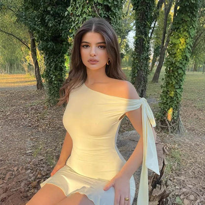 Style Solid Color Sexy One-Shoulder Tie Strap Sleeveless Dress Slimming Waist-Cinching Short Skirt - IntuitiveEncBoutique