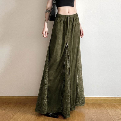 Vintage Green Lace Splicing Low Waist A-line Floor-length Skirt with Heavy Zipper - IntuitiveEncBoutique