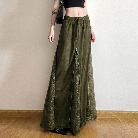 Vintage Green Lace Splicing Low Waist A-line Floor-length Skirt with Heavy Zipper - IntuitiveEncBoutique