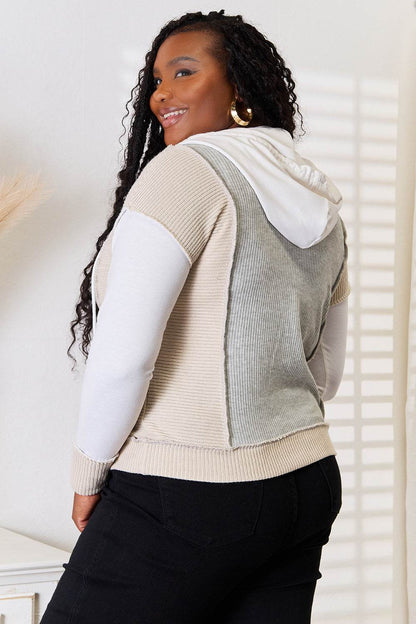 Double Take Color Block Exposed Seam Drawstring Hoodie - IntuitiveEncBoutique
