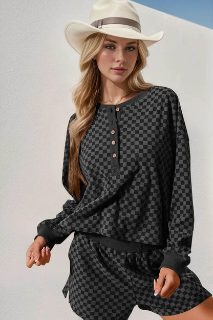 Double Take Checkered Half Button Top and Shorts Set - IntuitiveEncBoutique