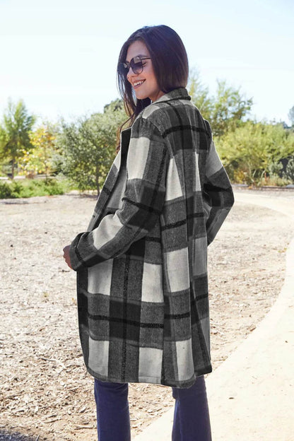 Double Take Full Size Plaid Button Up Lapel Collar Coat - IntuitiveEncBoutique