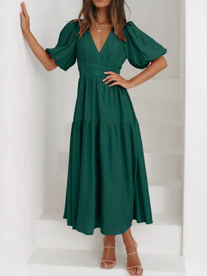 V-Neck Puff Sleeve Midi Dress - IntuitiveEncBoutique